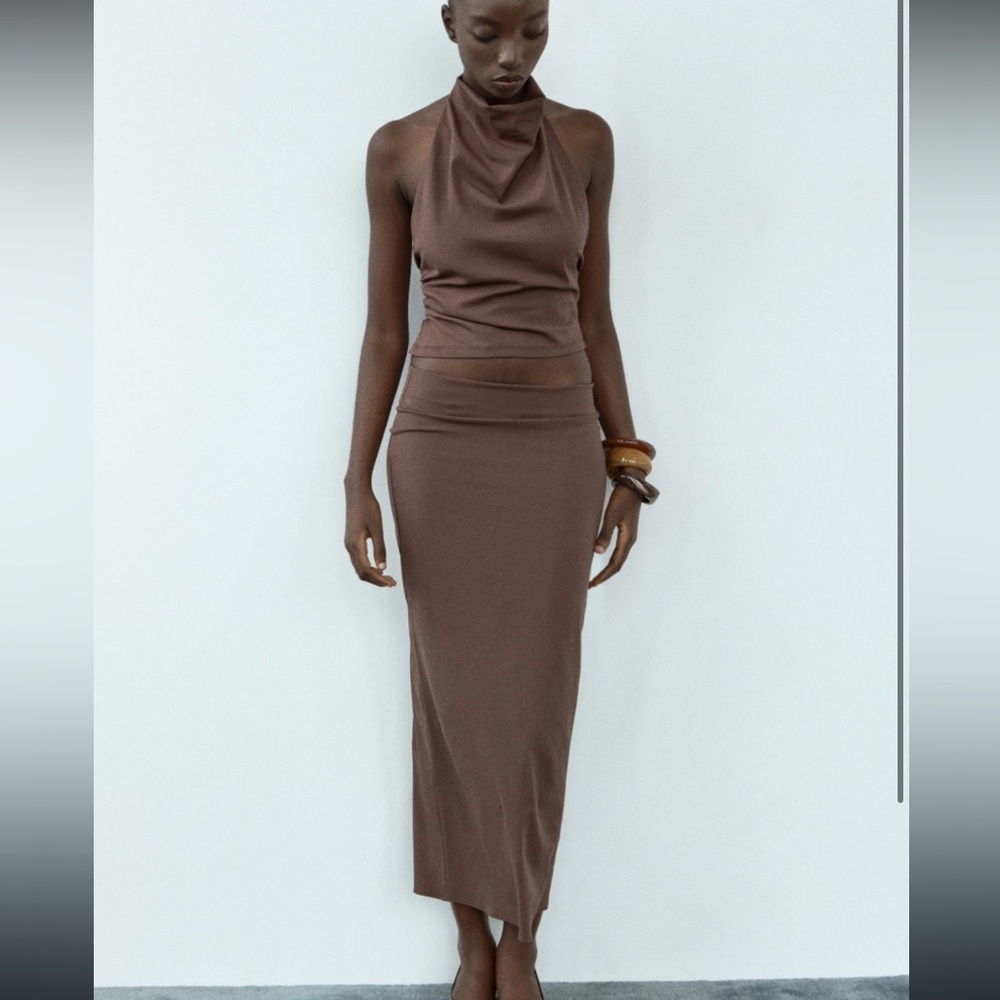 Zara Brown Asymmetrical Maxi Pencil Skirt and matching Halter Top